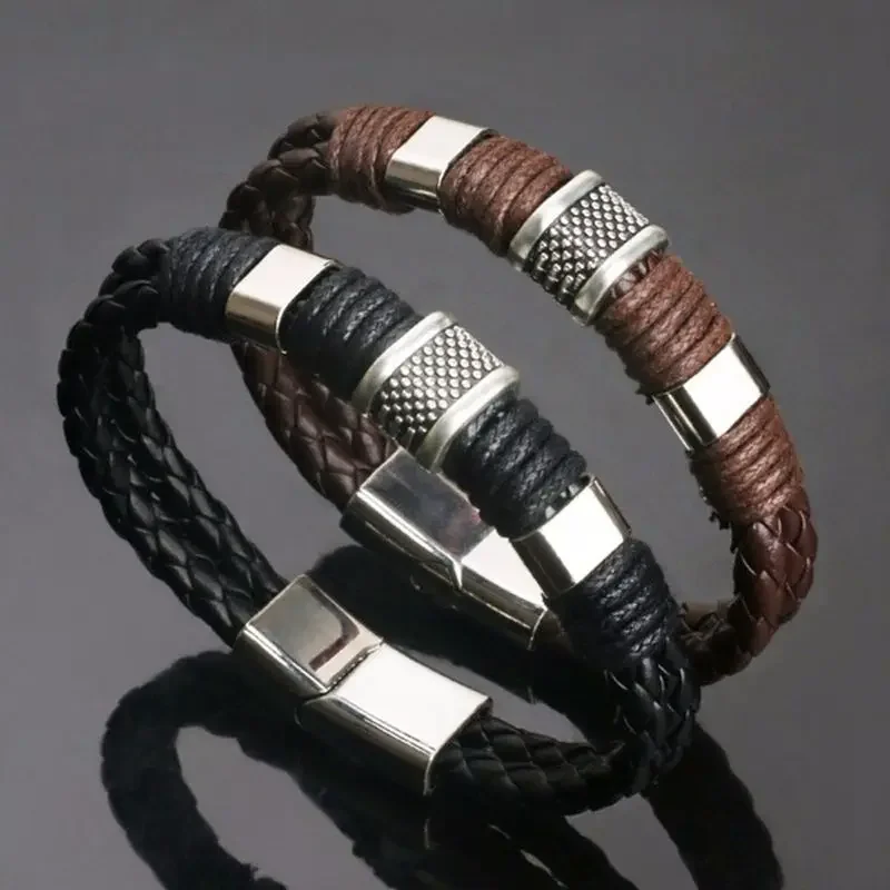 

Vintage Brown Leather Bracelets For Men Husband Stainless Steel Multilayer Braided Rope Bangle Wrist Jewelry Gift Pulsera Hombre