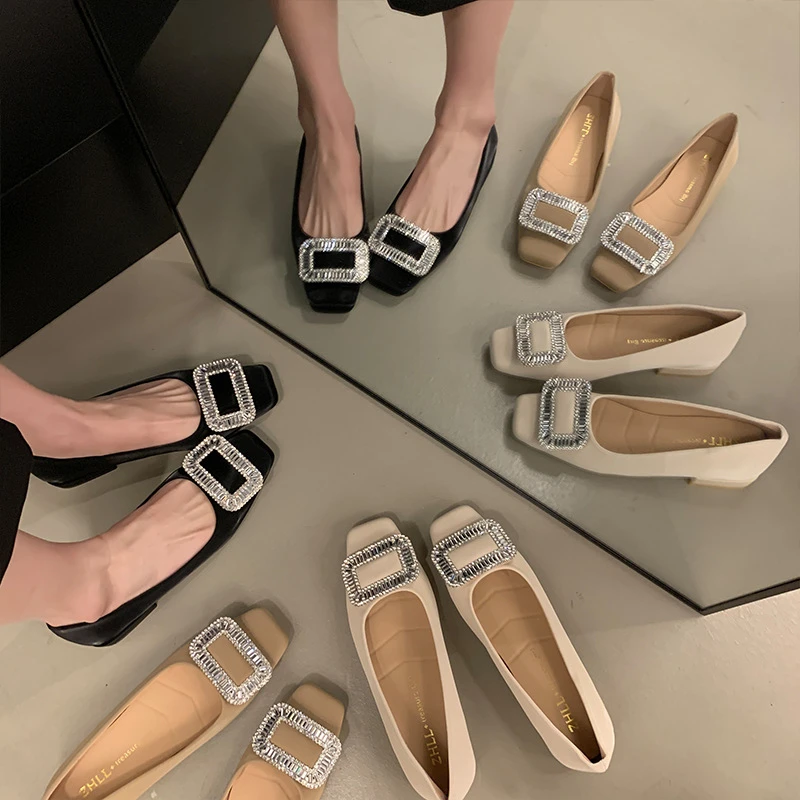 Purple Fantasy Exquisite Square Buckle Thick Heel Low Heel Square Toe Black Work Wide Fat Feet Women's Shoes Korean Style