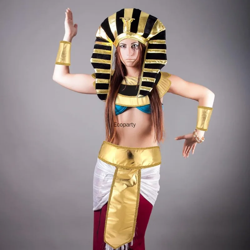 Nowe Akcesoria Faraona Zestaw Akcesoriów do Kostiumu w Egipskim Stylu Złoto-Czarne Paski Nakrycie Głowy Kołnierz, Pas i Mankiety dla Dorosłych