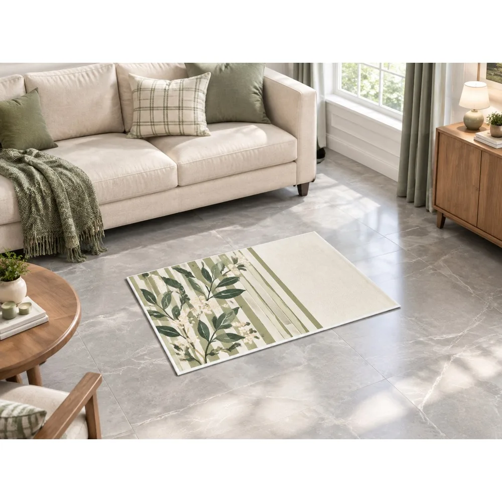 VIKAMA British Sage Cream Linen Stripe Flannel Door Mat, Thickened Memory Foam Mat, UK Home Decor for Boot Room, Conservatory