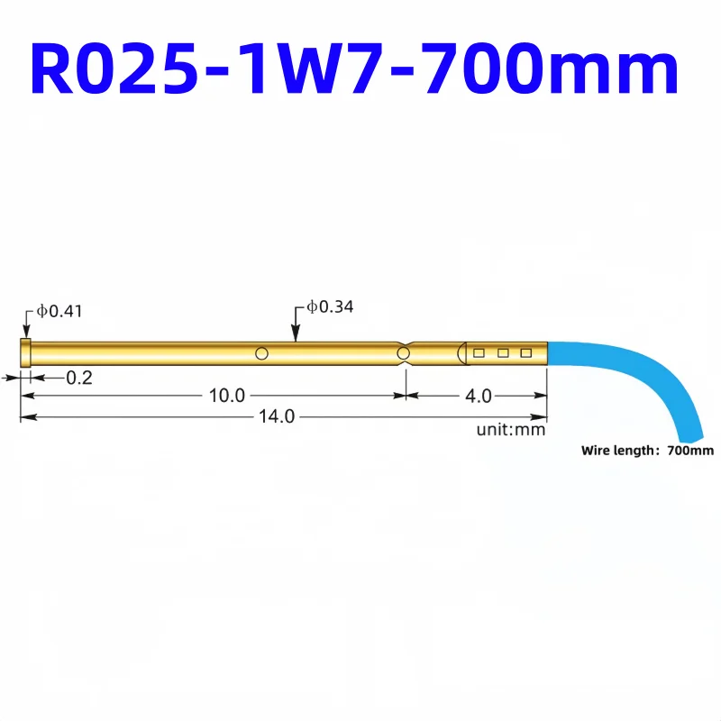 

8/80/200PCS R025-1W7 Spring Test Probe Receptacle Dia 0.34mm 14mm With Wire 34AWG Test Needle Sleeve 0.41mm Socket Length 700mm