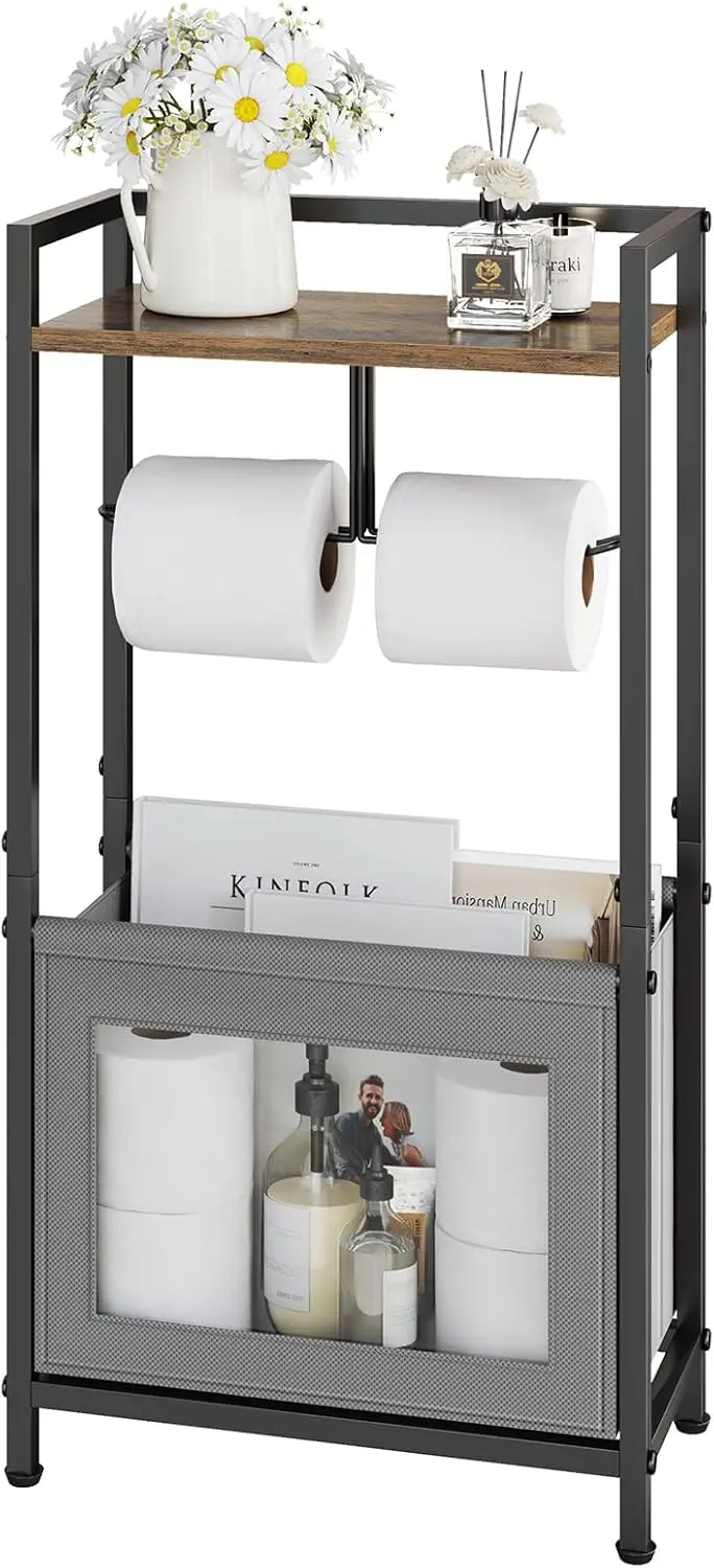 

Напольный держатель для туалетной бумаги с корзиной для хранения, деревянной полкой для телефонов и растений, черный металлический органайзер для ванной комнаты
