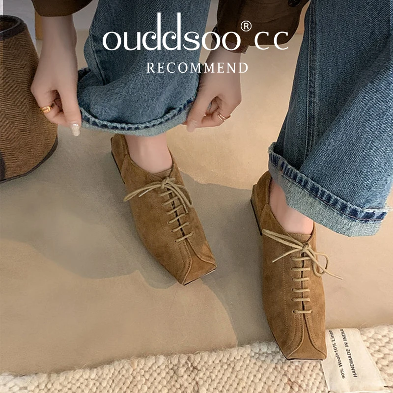 Ods Strange Heel Retro Soft Leather Low Pumps Square Toe Cross-tied Fringe Strap Elengant Lady Dress Party Women Spring Summer