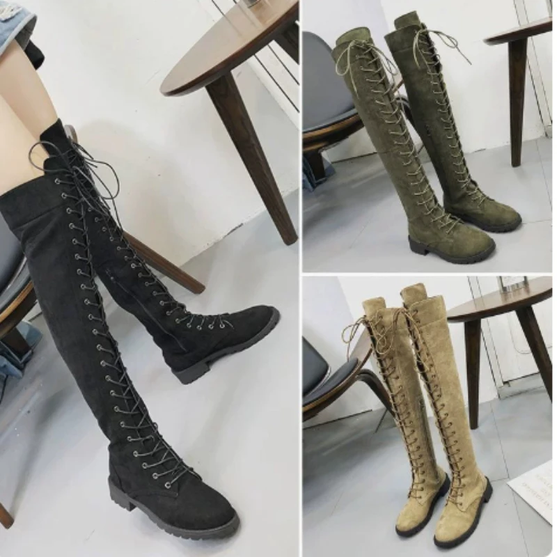 Fashion Side Zipper Lace-up Women's Long Boots Suede Fashion Over-the-Knee Booties for  Ladies Thigh High  Botas de mujer Shoes
