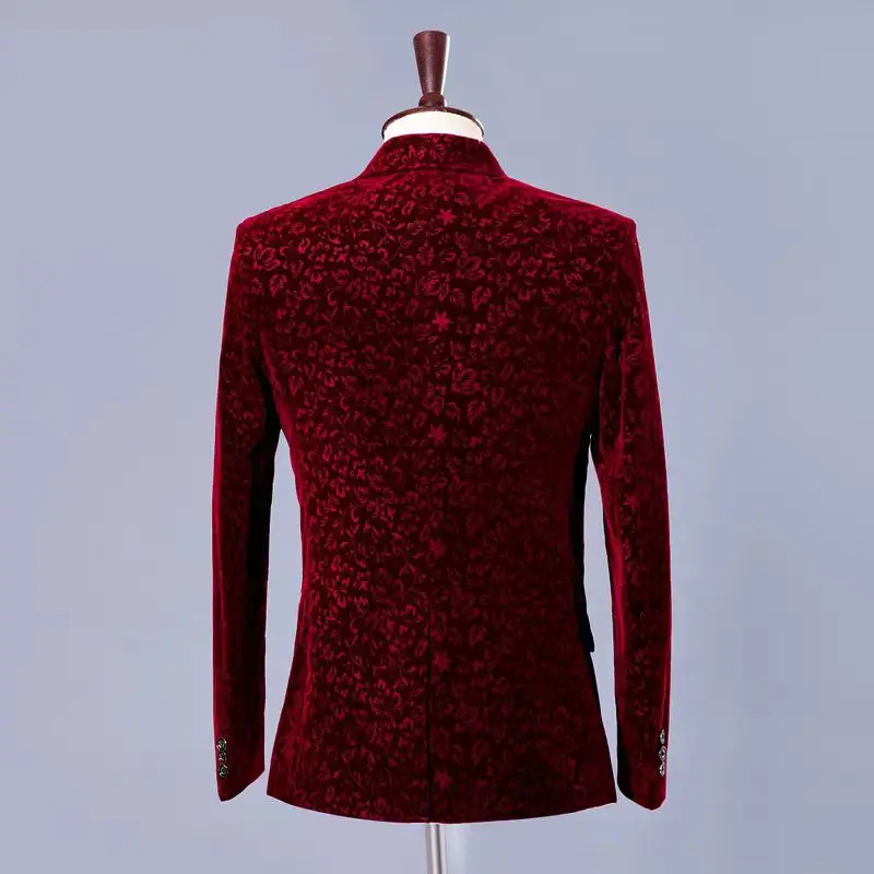 طقم بدلة رسمية للرجال من Groom Tuxedo-Burgundy بنمط الأزهار للحفلات والمغني المضيف والمرحلة الرسمية بدلة التصوير الفوتوغرافي #3