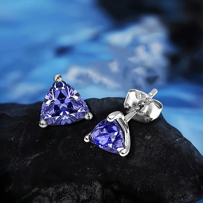 Tanzanite Stud Earrings for Women Triangular Crystal Earrings 925 Silver Hypoallergenic Luxury Jewelry Gift