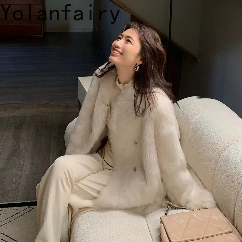 YOLANFAOEY New Real Fur Coat Women Luxury Winter V-neck Young Style Genuine Sheep Shearling Coats Woman Natural Lamb Fur Jacket