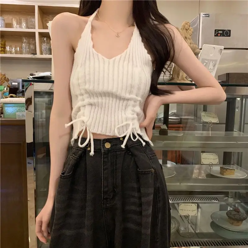 New Korean Hollow Out Long Sleeved Knitwear Hanging Neck Strap Tank Top Women Contrast Waist Drawstring Round Neck Two Piece Set