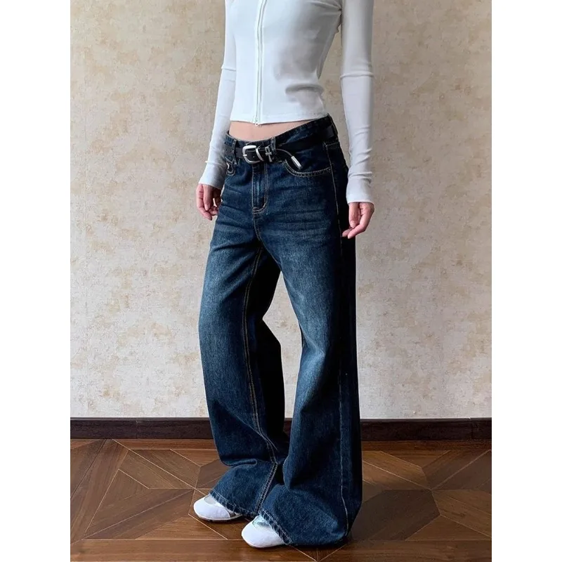 Japanese 2000s Style Women's Autumn Blue Gothic Jeans Vintage Harajuku Y2k Baggy Long Jean Pants Oversize Denim Trousers Clothes