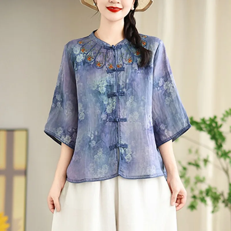 Chinese Style Vintage Print Casual Shirt Women New 2024 Half High Collar Embroidery Loose Female Half Sleeve Tops Shirts B3821