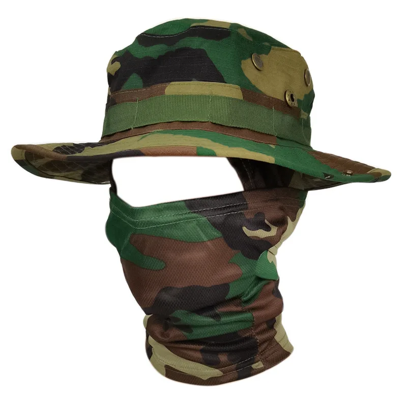 Camo Hat for Men W/ Cooling Neck Gaiter Wide Brim Camo Hat Face Scarf Mask Tactical Military for Running Hunting Fishing Outdoor