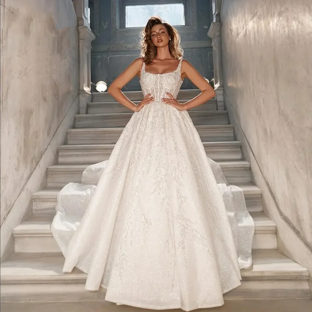 Customized Sparkly Lace Wedding  Dresses Square Collar Sleeveless Vestido De Novia Embroidery Sequined Robe De Mariee