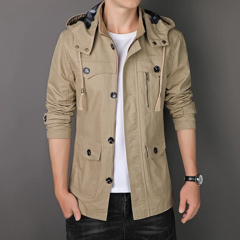 Autumn And Winter New Men's Jacket Hooded Business Trench Coat Casual Medium And Long Coat Pure Cotton Trench Coat Men