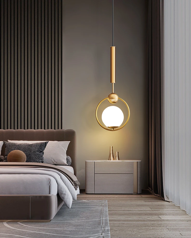 New Copper Circle LED Pendant Light Luxury Chandelier Bedroom Bar Aisle Bedside Minimalist Restaurant Background Wall Decoration