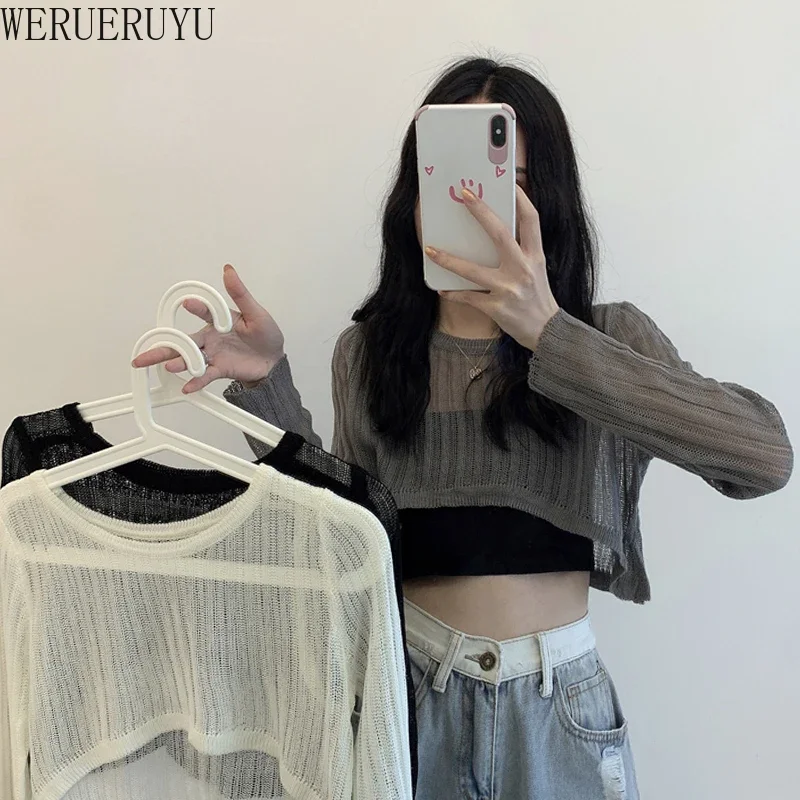 WERUERUYU Women Summer T Shirts Super Short Sexy Long Sleeve See Through Tops Solid Korean Style Clothes