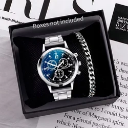 2pcs/set Fashion Men's Watch Silver Steel Band Male Business Quartz Watches Bracelet Set（Without Box）