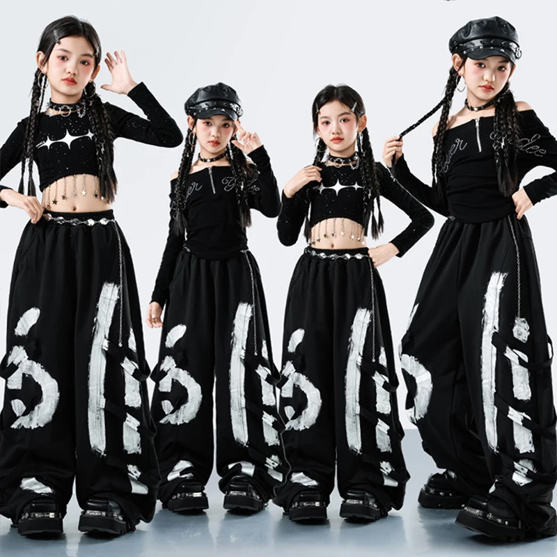 

Kpop костюм для джазового танца для девочек, черная танцевальная одежда, укороченный топ, мешковатые штаны, детская уличная одежда, одежда для городских танцев 4839