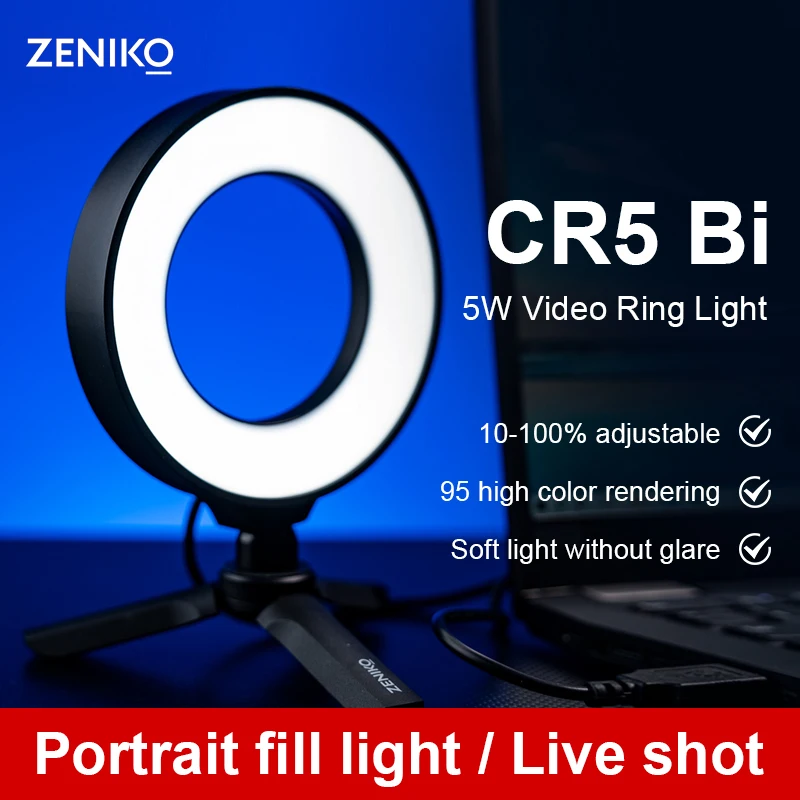 

ZENIKO CR5 Bi LED Ring Light with Magnatic Stand Clip for Desktop 5W Bi-Color CRI95+ Dimmable Selfie Video Conference Lighting