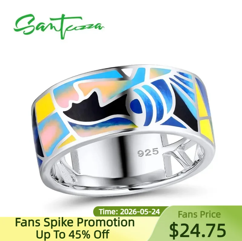 SANTUZZA Silver Rings for Women Pure 925 Sterling Silver Classical Face HANDMADE Colorful Enamel Ring Party Fashion Jewelry