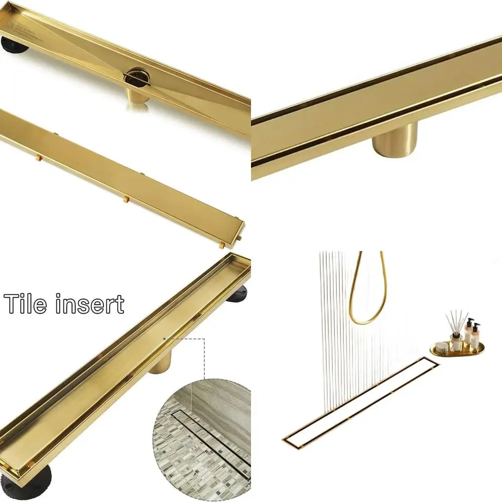 

28 Stainless Steel Linear Shower Drain with Flat & Tile Insert, Hair Strainer Included, Brushed Brass, Certified by Watermark &