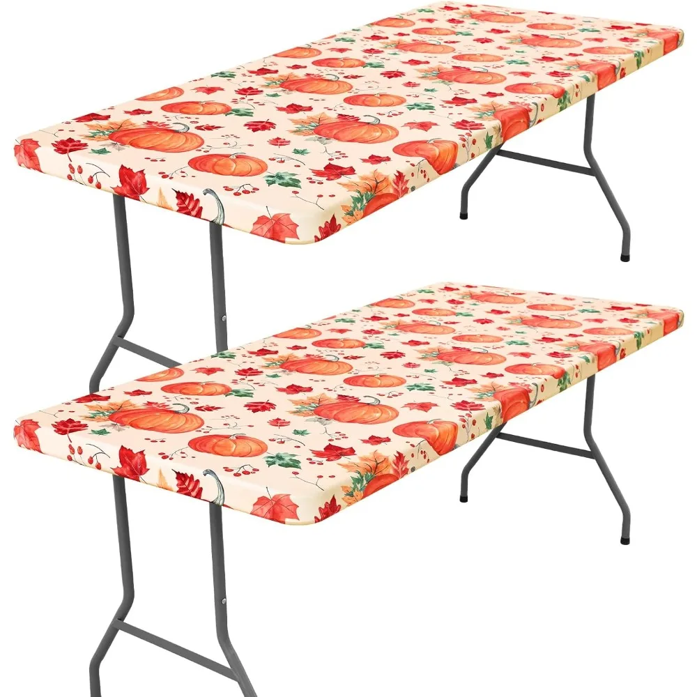 

6-Foot Rectangle Thanksgiving Table Covers, 2 Pack Elastic Picnic Tablecloths, Washable Stretch Patio Table Covers