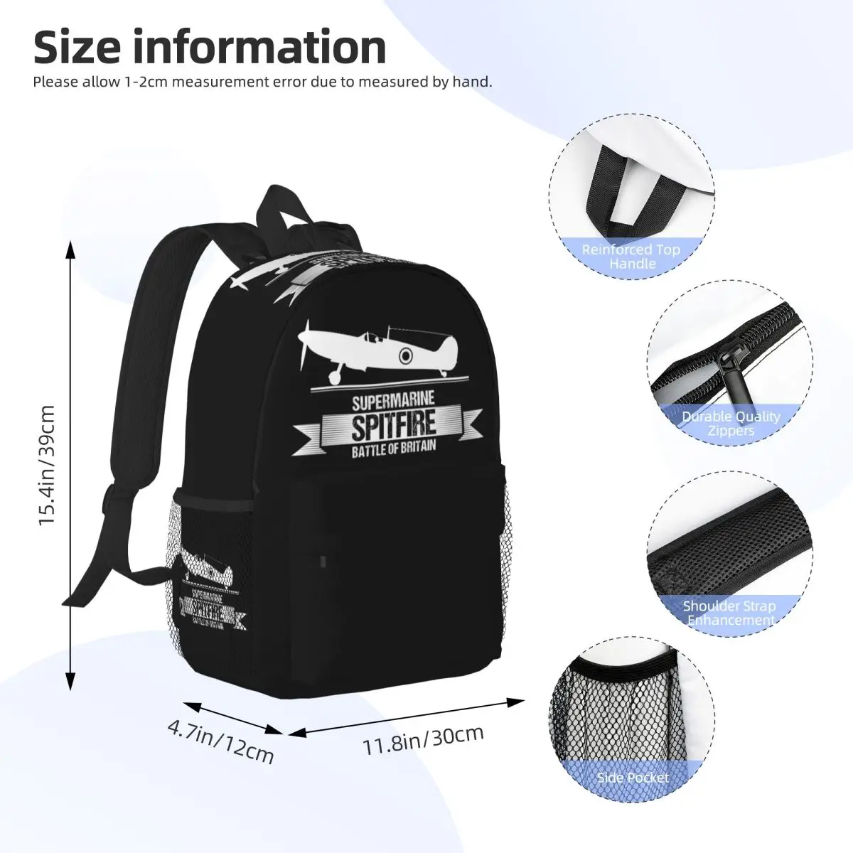 RAF Supermarine Spitfire Fighter Aircraft Plane Airplane Backpack Student Boys Girls BookBag School Bag Computer Shoulder Bags