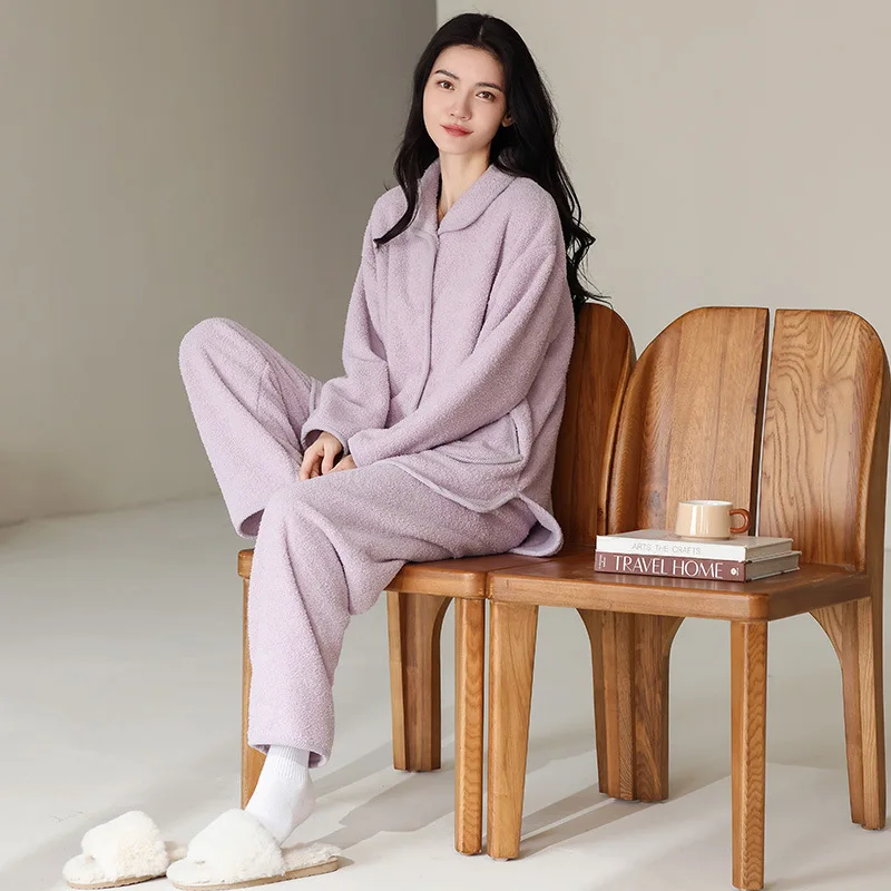 

Женский пижамный комплект, удобная одежда для сна, утепленный, с длинными рукавами, из двух предметов, мягкий, в корейском стиле, домашняя одежда, верхняя одежда
