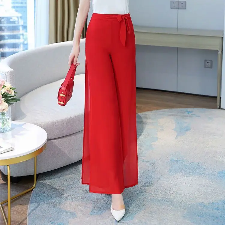 Pantalon taille haute en mousseline de soie pour femmes, jupe à fente latérale, nouveau pantalon de danse carré W45, 2025