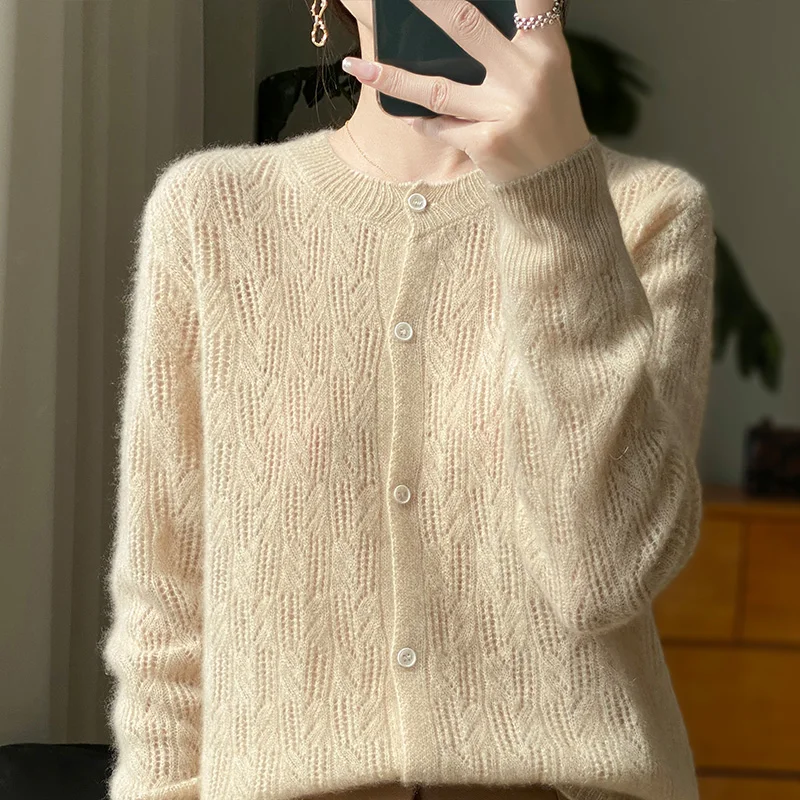 24 spring explosions round neck 100% sweater women hollow long sleeve knit cardigan loose sweater solid color sweater coat