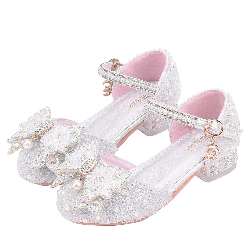 Spring and Autumn Style Sparkling Pearl Girls' High Heel Princess Crystal Shoes Korean Version
