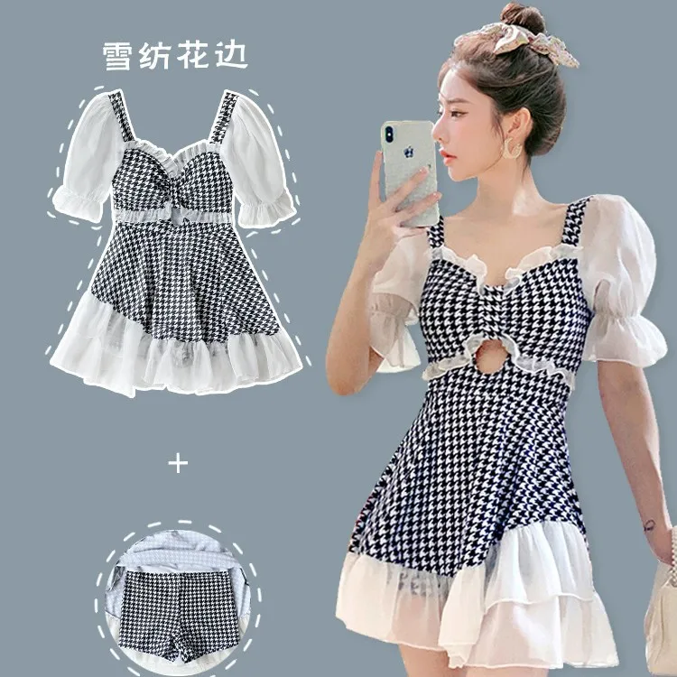 Maillot de bain une pièce pied-de-poule, jupe pour femmes, Style conservateur et Slim