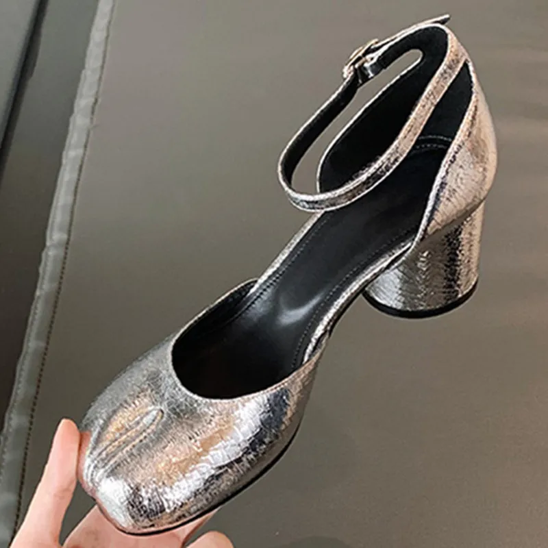 

Women Split Toe Pumps Mid Heels Mary Janes Round High Heel Woman Shoes Buckle Strap Shallow Sandals Shoes Solid Color Stylish