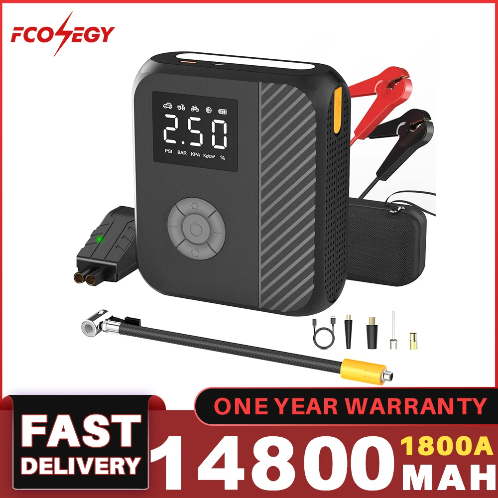 FCONEGY Portable Car Jump Starter Power Bank with Air Compressor for Tires 150PSI Air Pump 18000A Emergency Starter for Vehicles