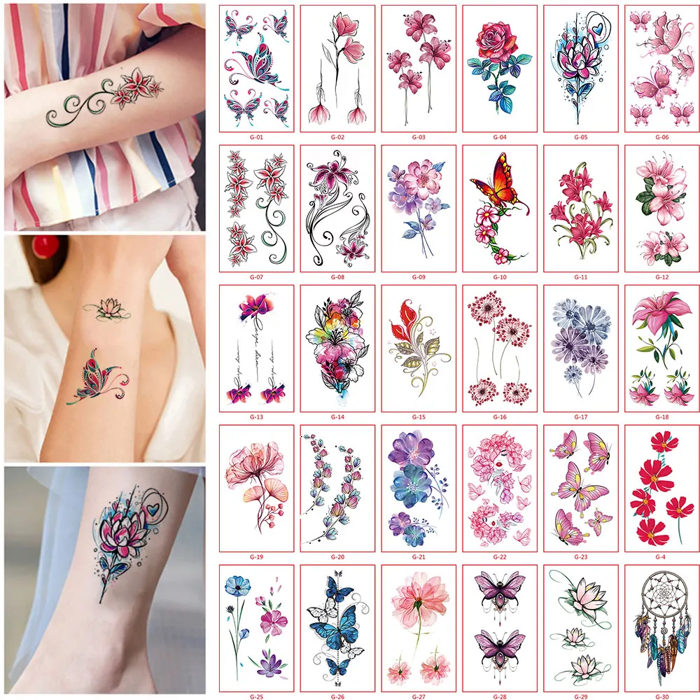30pcs Flower Tattoo Stickers for Women Men Waterproof Temporary Fake Tattoo for Hand Arm Chest Sleeve Butterfly Floral Tatoo
