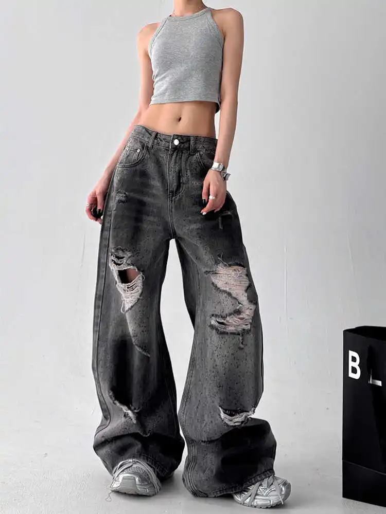 

Women's Black Wear And Tear Hole Jeans Trend Clothing Y2k High Street Casual American Street Wear Baggy Wide-Leg Jeans Overalls