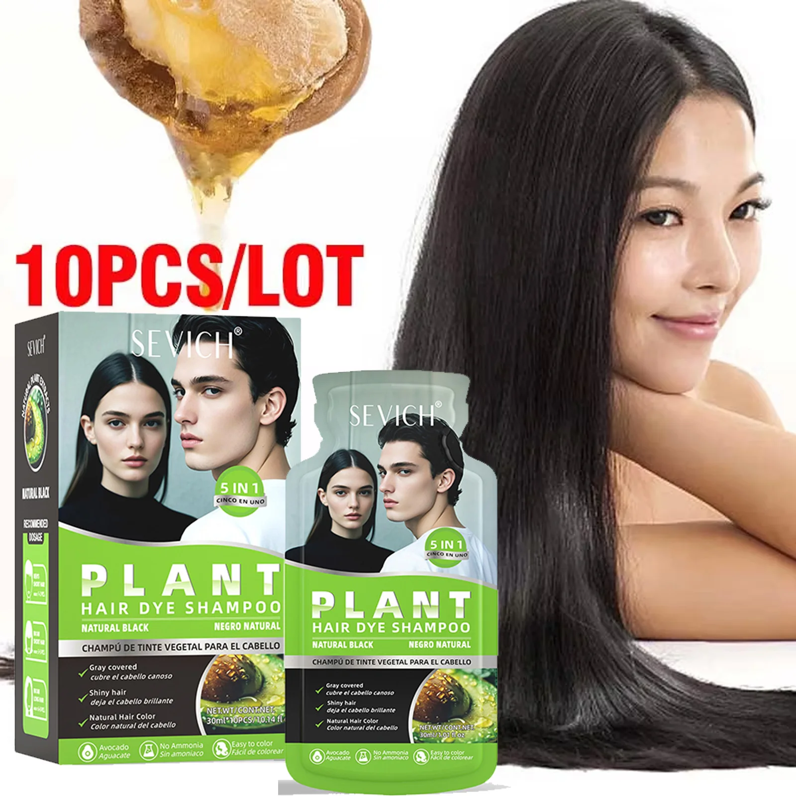 SEVICH, 10 Uds., champú rápido para el cabello negro, 5 minutos, se convierte rápidamente, tinte para el cabello negro, hierba, cuidado Natural del cabello, champú colorante restaurador, cuidado del cabello