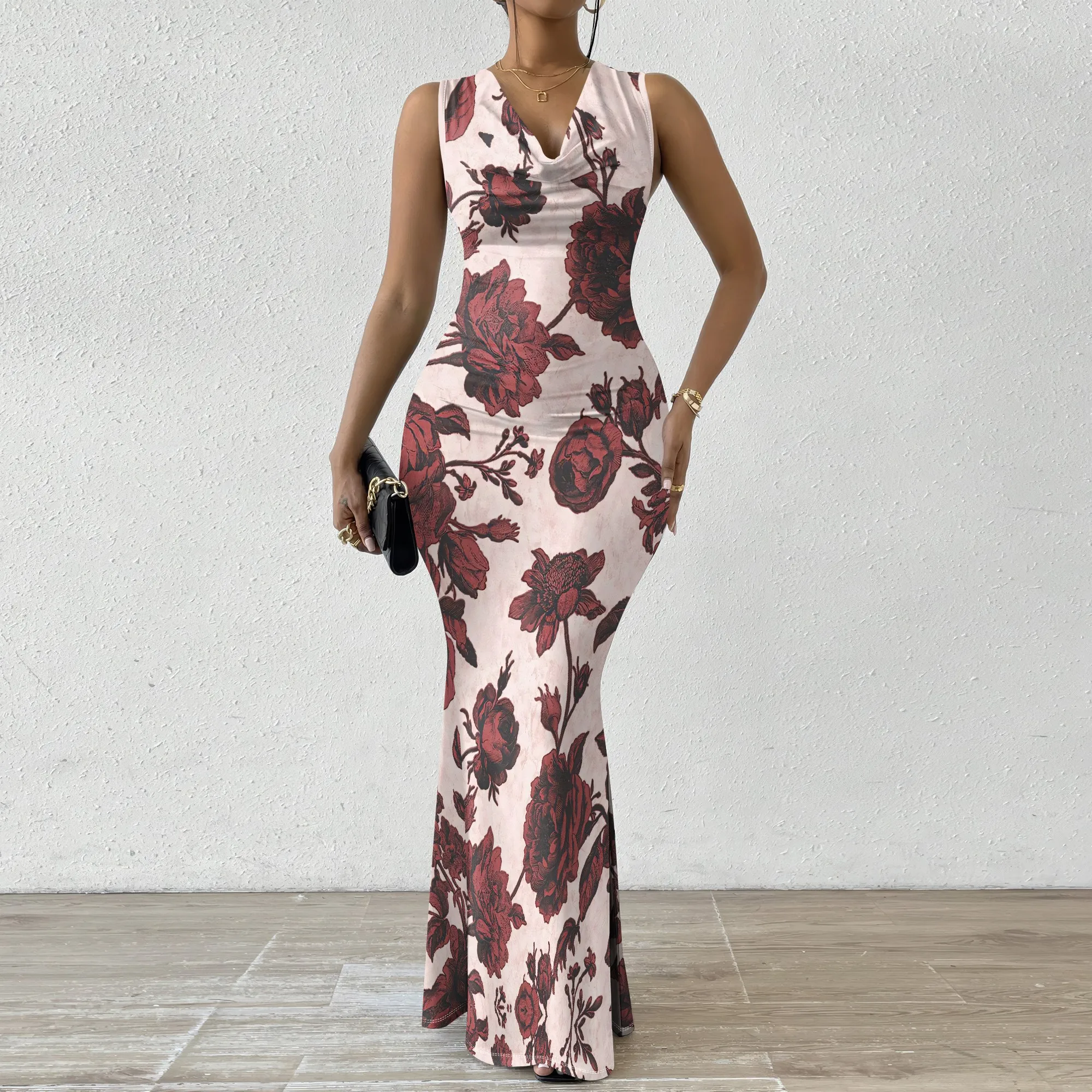 

Women's V-Neck Sleeveless Maxi Dress Vintage Red Floral Print Elegant Bodycon Evening Dress