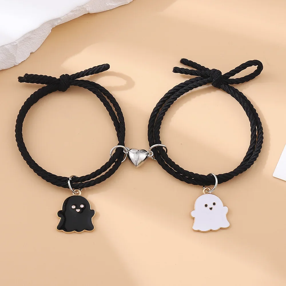 2Pcs Set Halloween Ghost Braided Bracelets Heart Magnet Matching Wristband Long Distance Friendship Jewelry Holiday Themed Gift