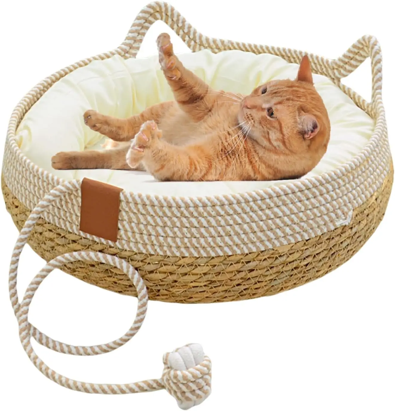 Straw Cat Bed with Soft Cushion, 17.7x17.7in Round Rattan Cat House for Indoor Cats, Cute Cat Cotton Rope Woven Basket Nest