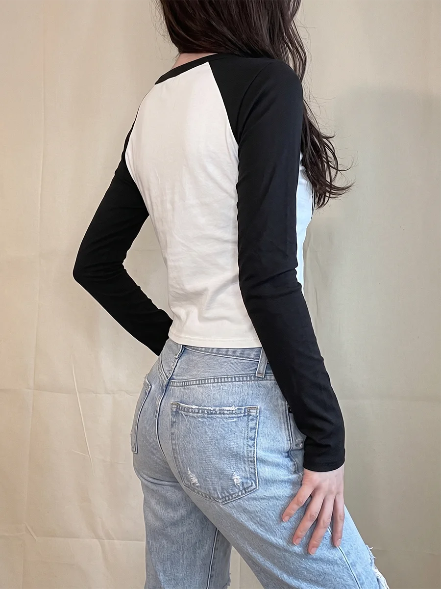 Women Y2K Vintage Number Print Crop Top Long Sleeve T-shirt Harajuku Streetwear Casual Slim Raglan Sleeve V-Neck Tees