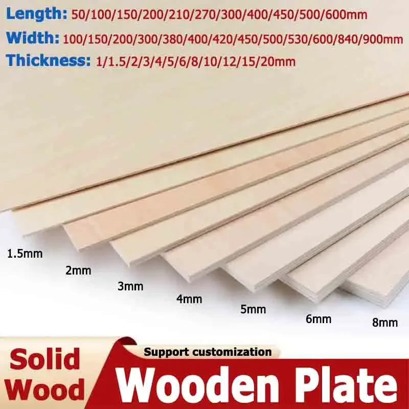 50-900mm Solid Wooden Plate Plywood Sheet Handmade Model DIY Thickness 1/1.5/2/3/4/5/6/7/10/12/15/20mm Width 100/200/300~600mm