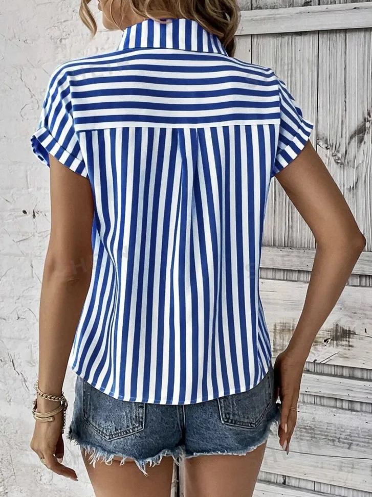 Women's summer V-neck pocket striped printed shirt shirt for women's loose fitting personality and versatile temperament