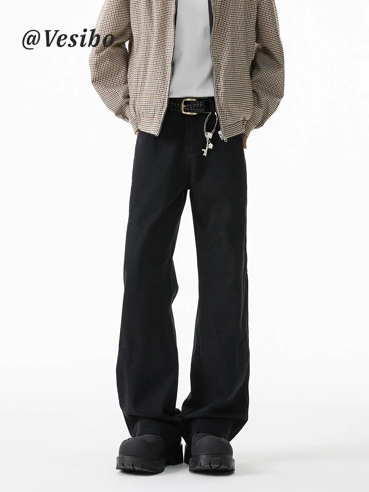Men's Suit Pants Autumn High Street Denim Pants Paneled Bootcut Cargo Jeans Retro Versatile Solid Color Straight Leg Trousers