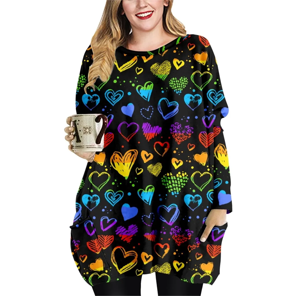 

Rainbow Heart Print Patchwork Print Loose Casual Style Ladies T-shirt Double Pocket Dress Round Neck Long Sleeve Dress-
