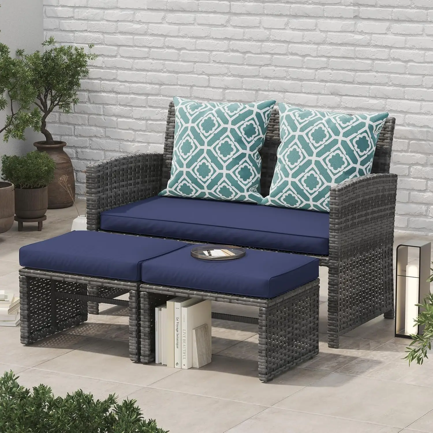 OC Orange-Casual Outdoor Loveseat Patio Furniture Rattan Conversation Set with Ottoman, Navy Blue Cushions, Grey Wicker,