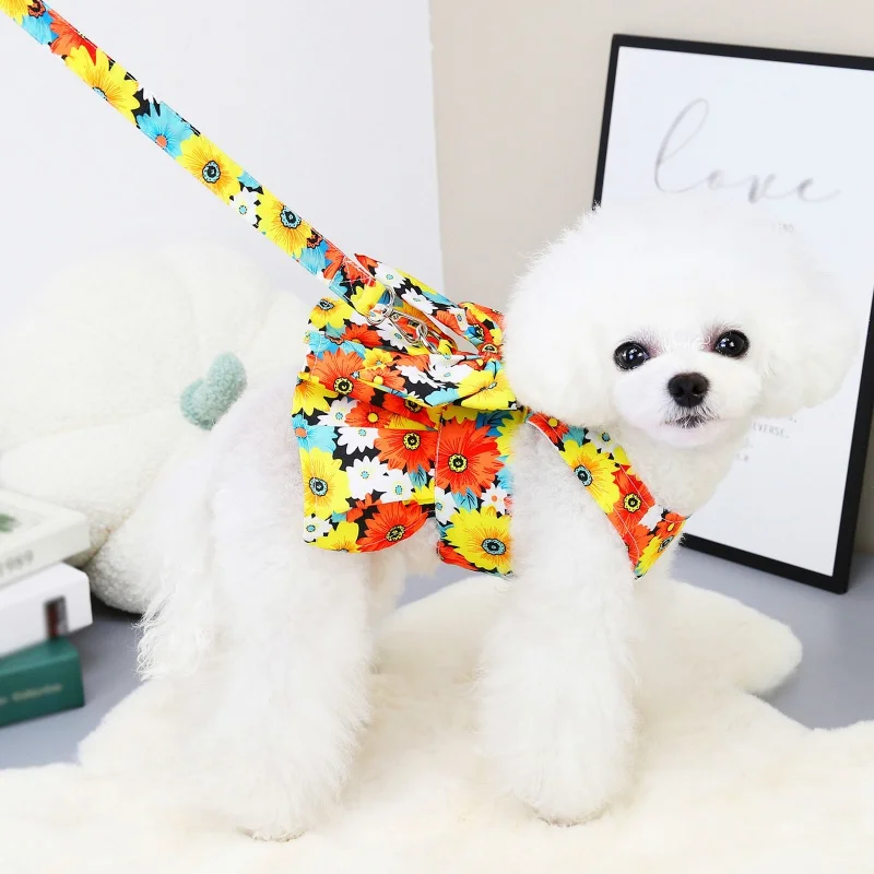 Spring and Summer Bow Dog Collar Skirt Pet Harness Puppy Clothes Princess Dresses Flower Printing Cute Harness Vest Breast Strap