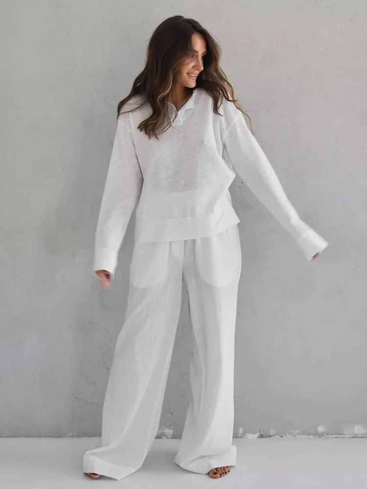 

Hiloc Elegant White Knitted Long Pants Pajamas Women Sets 2 Pieces Fashion O-Neck Long Sleeve Tops Loose Solid Pants Sleepwears