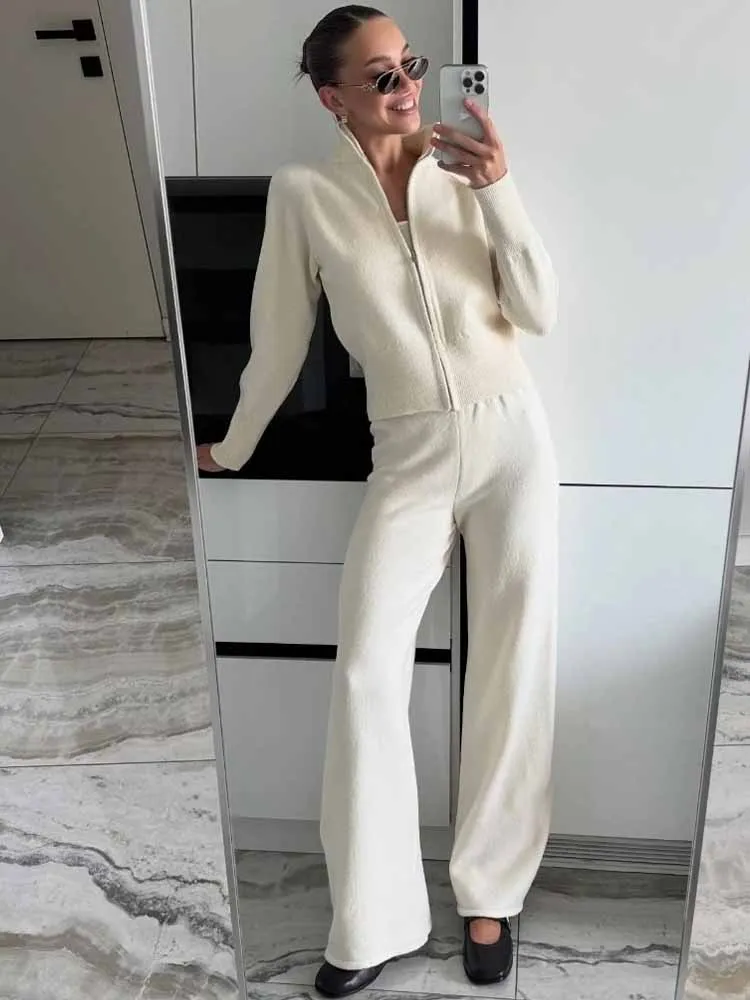 BKQU Autumn Winter Double Zipper Knitted Pants Set Women Casual Long Sleeve Pullover Sweater Wide Leg Trousers 2 Piece Tracksuit
