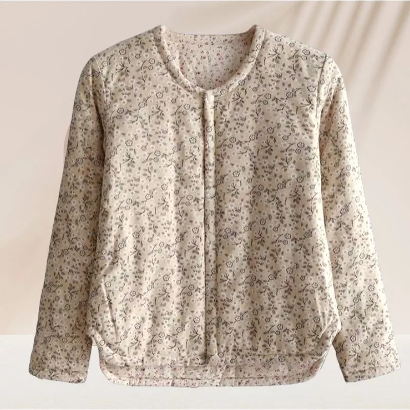 Chaqueta corta de manga larga de algodón cálido ajustada para otoño e invierno con Clip de algodón Floral Retro para mujer