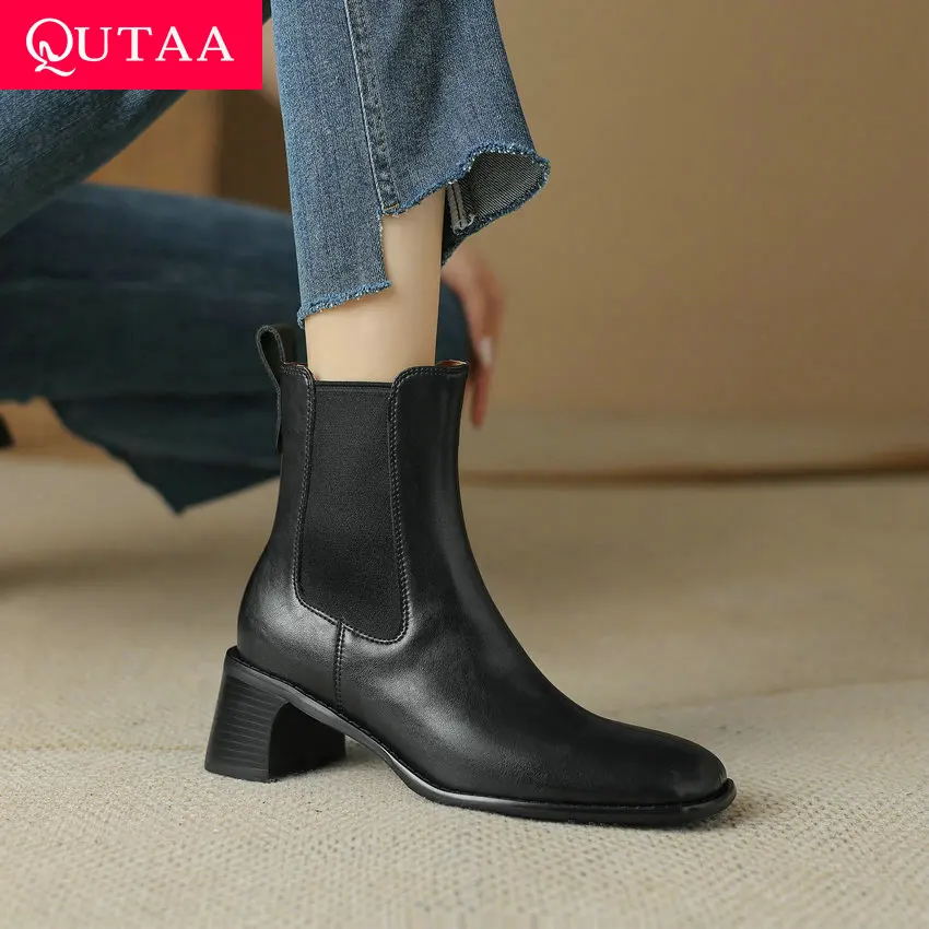 

QUTAA 2024 Leisure Platforms Women Ankle Boots Genuine Leather Autumn Winter Thick Med Heels Slip-On Shoes Woman Size 34-42